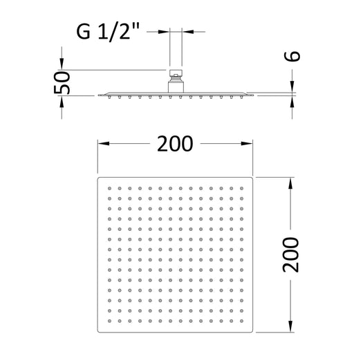 Nuie 200mm Square Brushed Bronze Fixed Shower Head dimensions line drawing