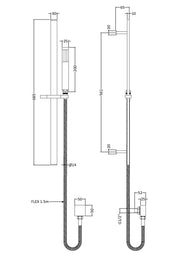 Nuie Brushed Bronze Rectangular Shower Slide Rail Kit dimensions line drawing