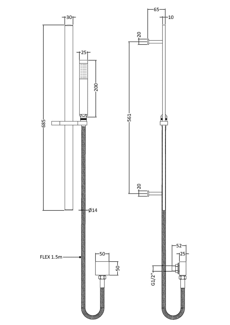 Nuie Brushed Bronze Rectangular Shower Slide Rail Kit dimensions line drawing