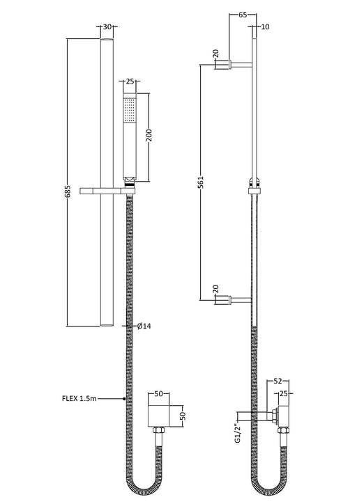 Nuie Brushed Bronze Rectangular Shower Slide Rail Kit dimensions line drawing