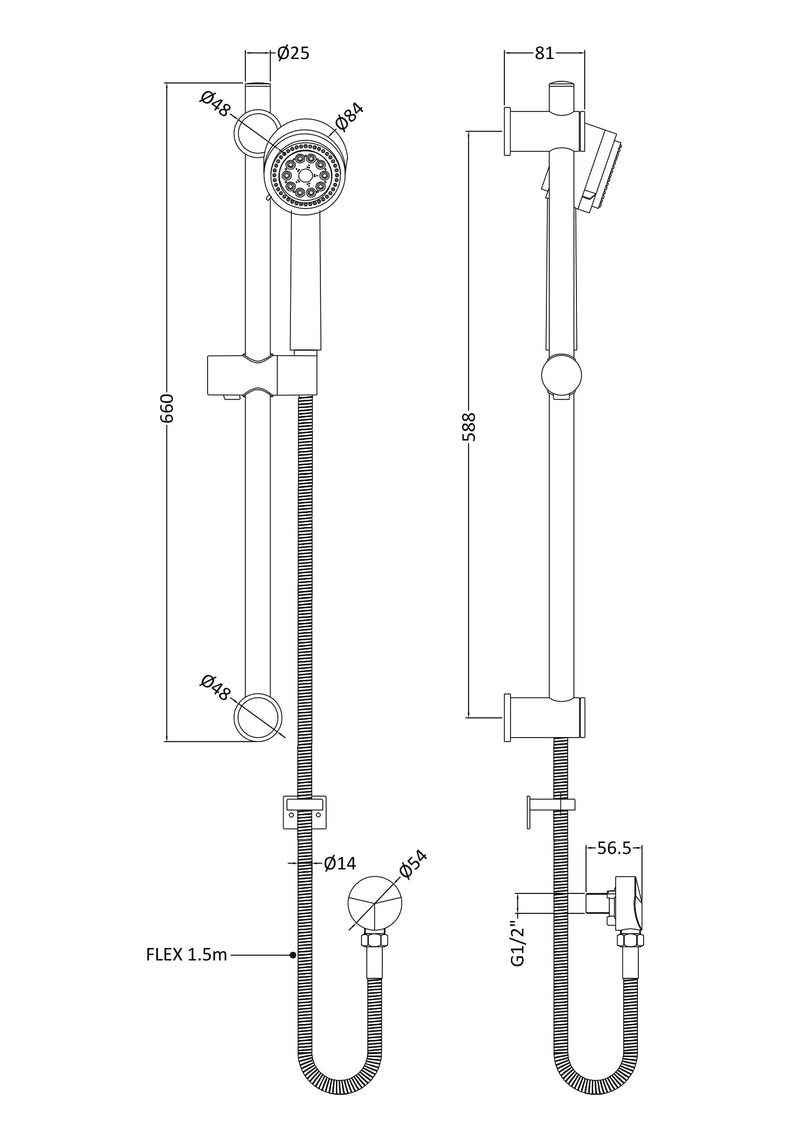 Nuie Chrome Shower Slide Rail Kit dimensions line drawing