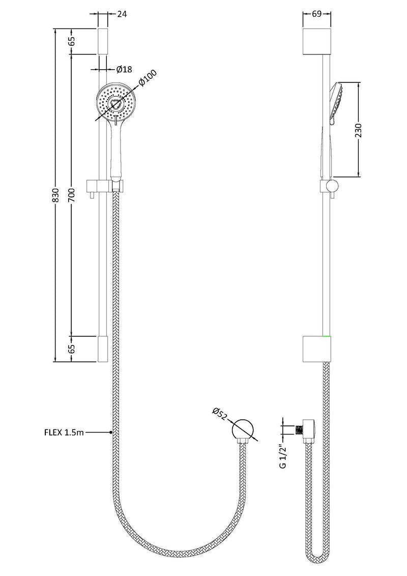 Nuie Chrome Slimline Shower Slide Rail Kit dimensions line drawing