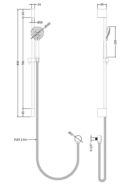 Nuie Chrome Slimline Shower Slide Rail Kit dimensions line drawing