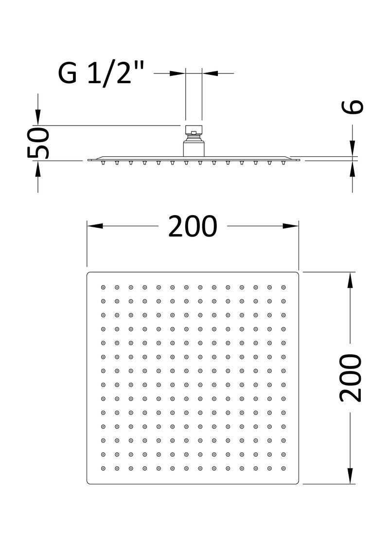 Nuie Chrome Fixed Shower Head dimensions line drawing
