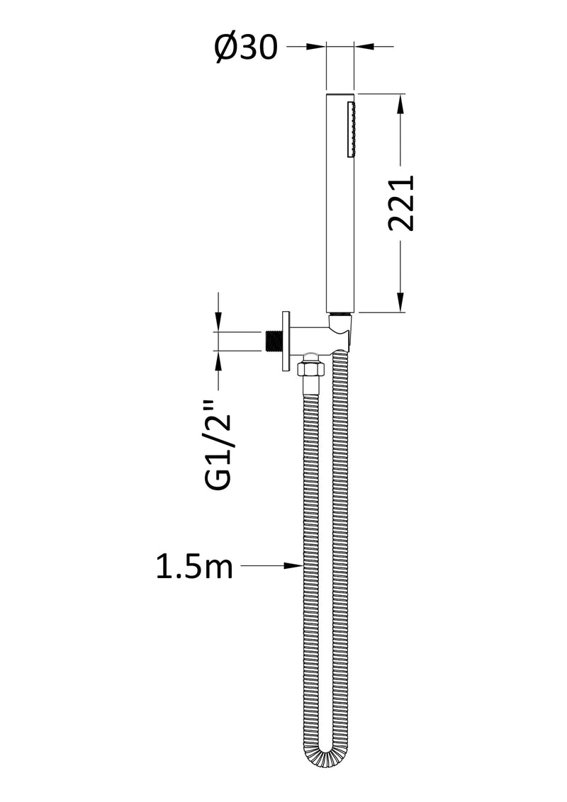Nuie Chrome Round Shower Handset Kit dimensions line drawing