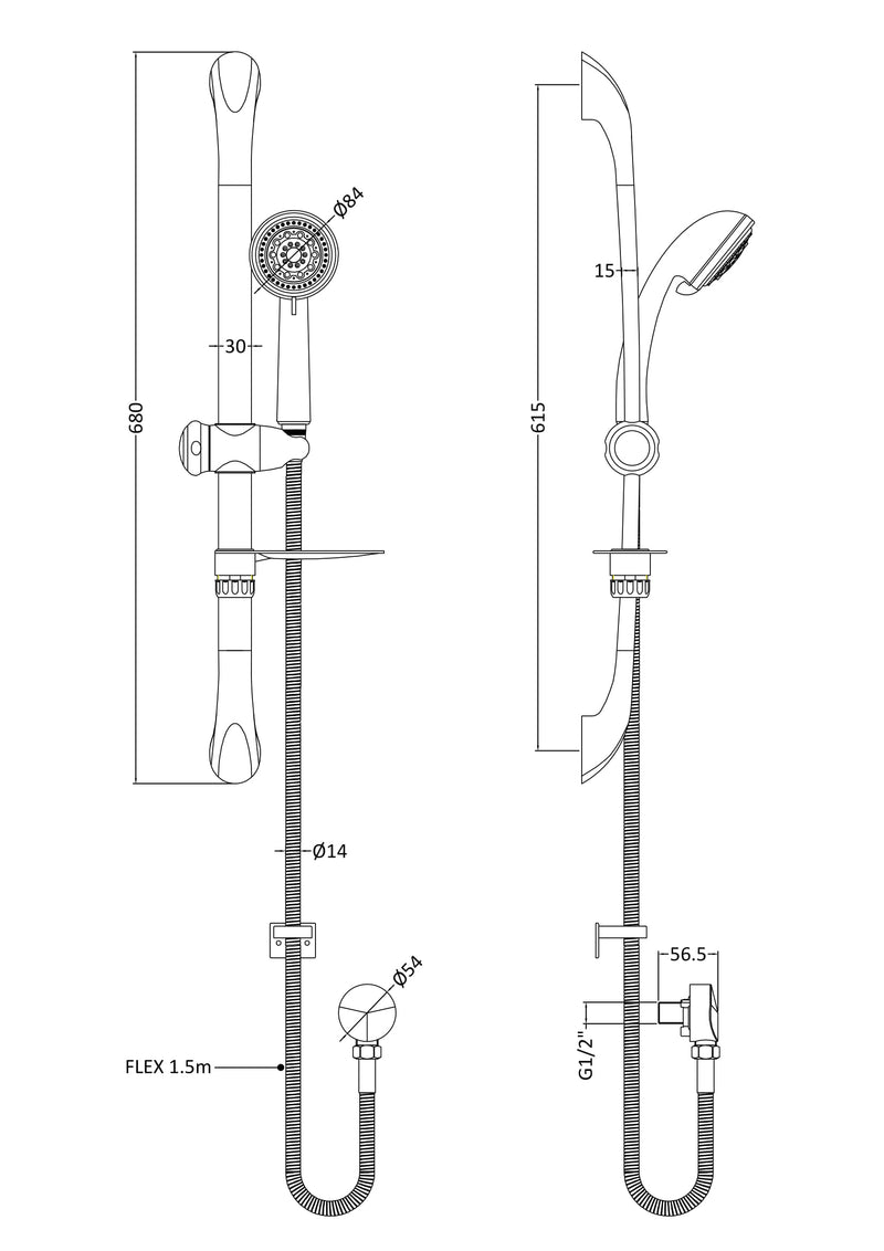 Nuie Chrome Shower Slide Rail Kit dimensions line drawing