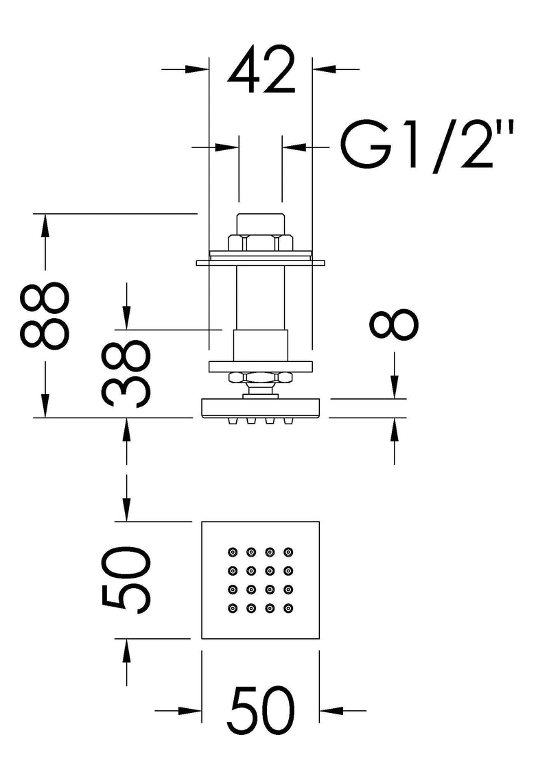 Nuie Chrome Square Body Jet dimensions line drawing