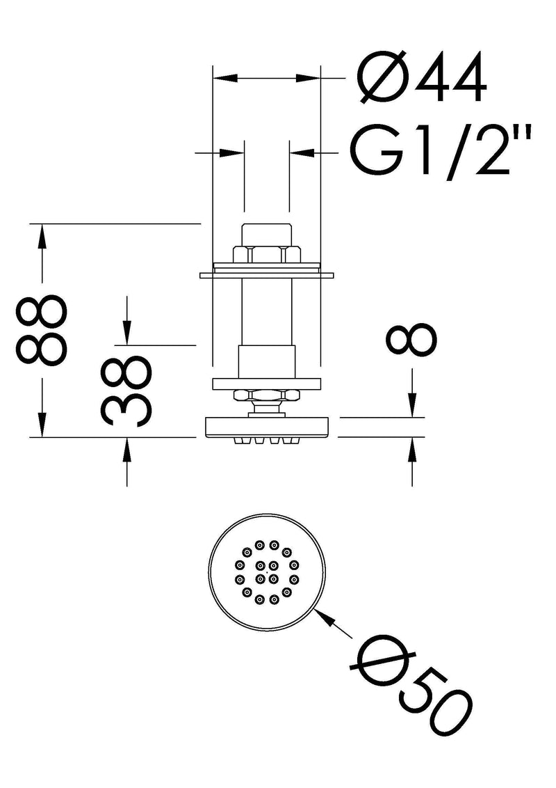 Nuie Chrome Round Body Jet dimensions line drawing
