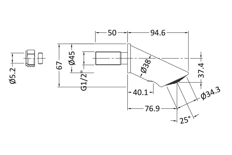 Nuie Chrome Commercial Concealed Shower Valve With Fixed Head dimensions line drawing