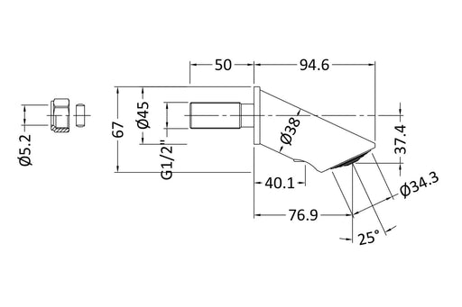 Nuie Chrome Commercial Concealed Shower Valve With Fixed Head dimensions line drawing
