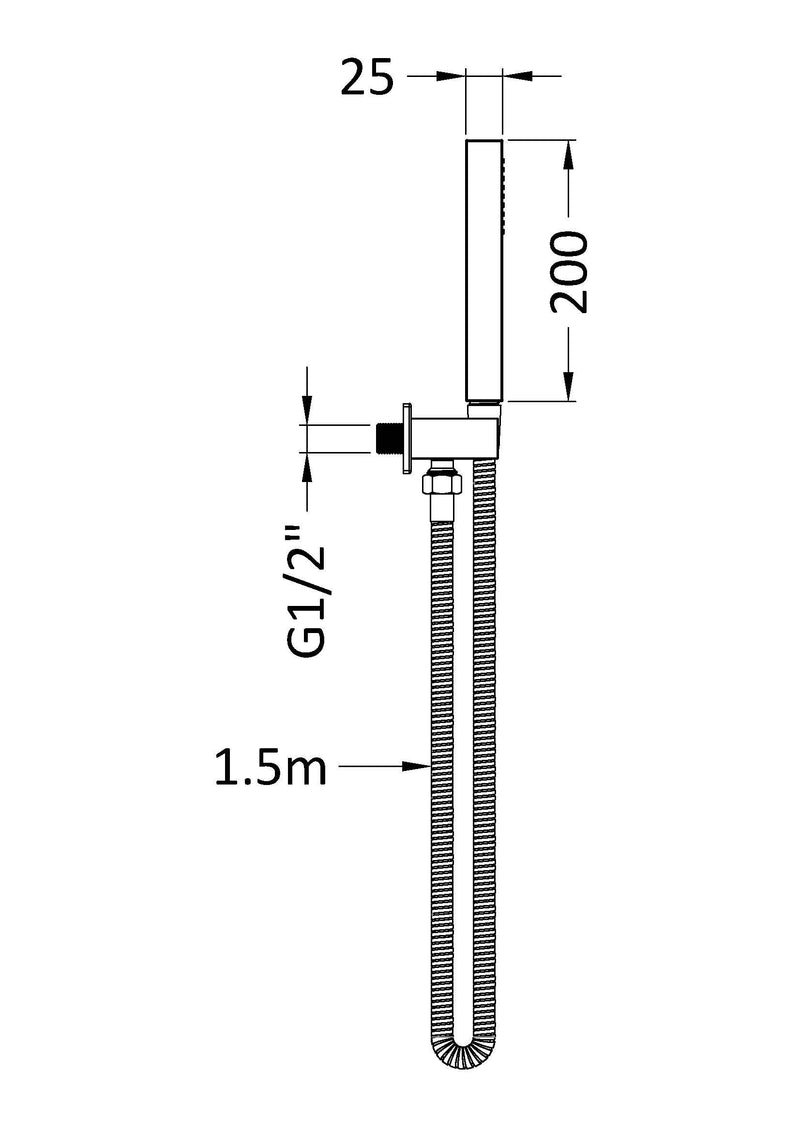 Nuie Matt Black Square Shower Handset Kit dimensions line drawing