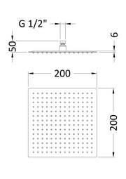 Nuie Brushed Pewter Square Fixed Shower Head dimensions line drawing