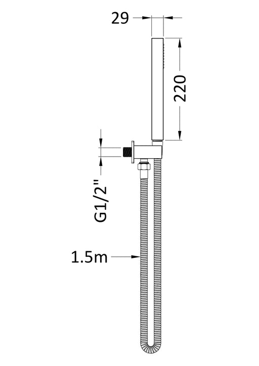 Nuie Brushed Pewter Square Shower Handset Kit dimensions line drawing