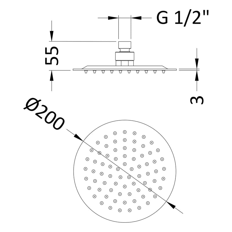 Nuie Brushed Brass Round Fixed Shower Head dimensions line drawing