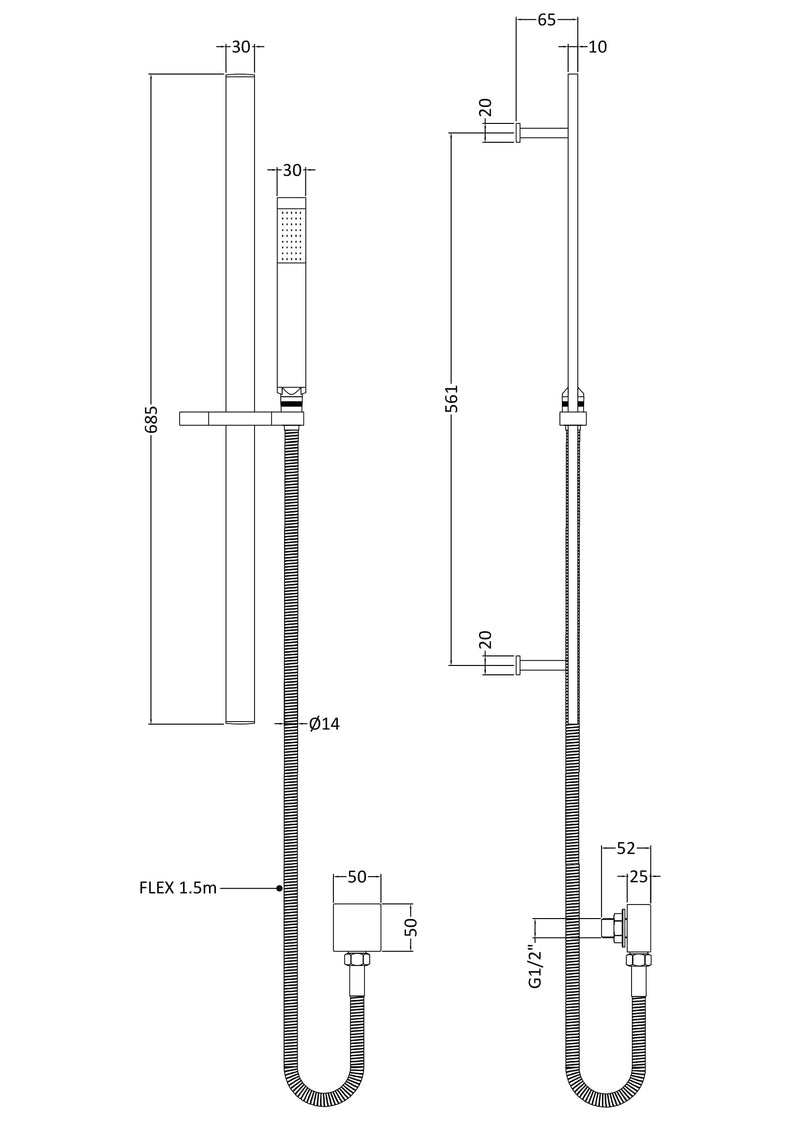 Nuie Brushed Brass Shower Slide Rail Kit dimensions line drawing