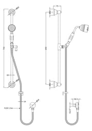 Nuie Brushed Brass Shower Slide Rail Kit dimensions line drawing