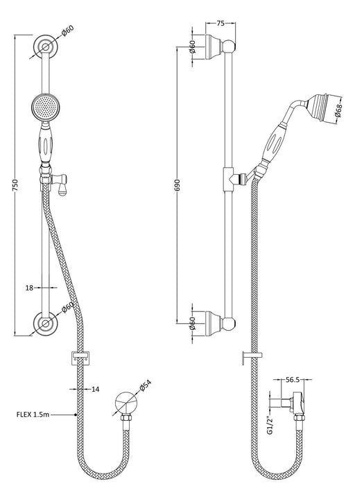 Nuie Brushed Brass Shower Slide Rail Kit dimensions line drawing