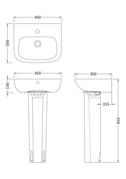 Nuie Ambrose 450mm basin and pedestal line drawing with dimensions