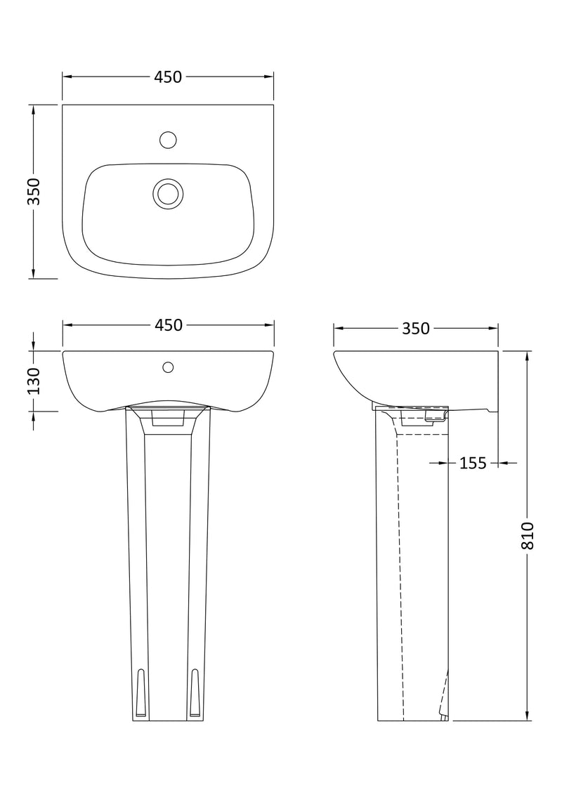 Nuie Ambrose 450mm basin and pedestal line drawing with dimensions