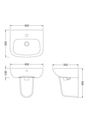 Nuie Ambrose 450mm basin and semi pedestal line drawing with dimensions
