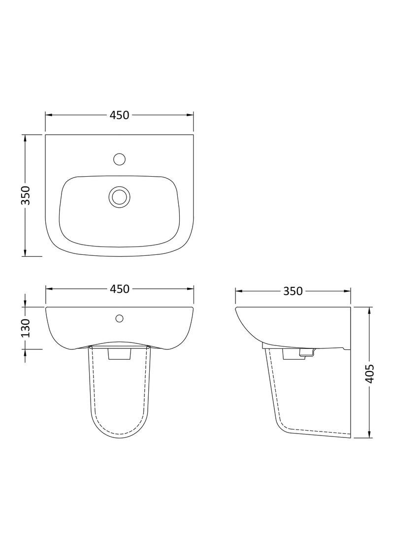 Nuie Ambrose 450mm basin and semi pedestal line drawing with dimensions