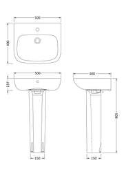 Nuie Ambrose 500mm basin and pedestal line drawing with dimensions
