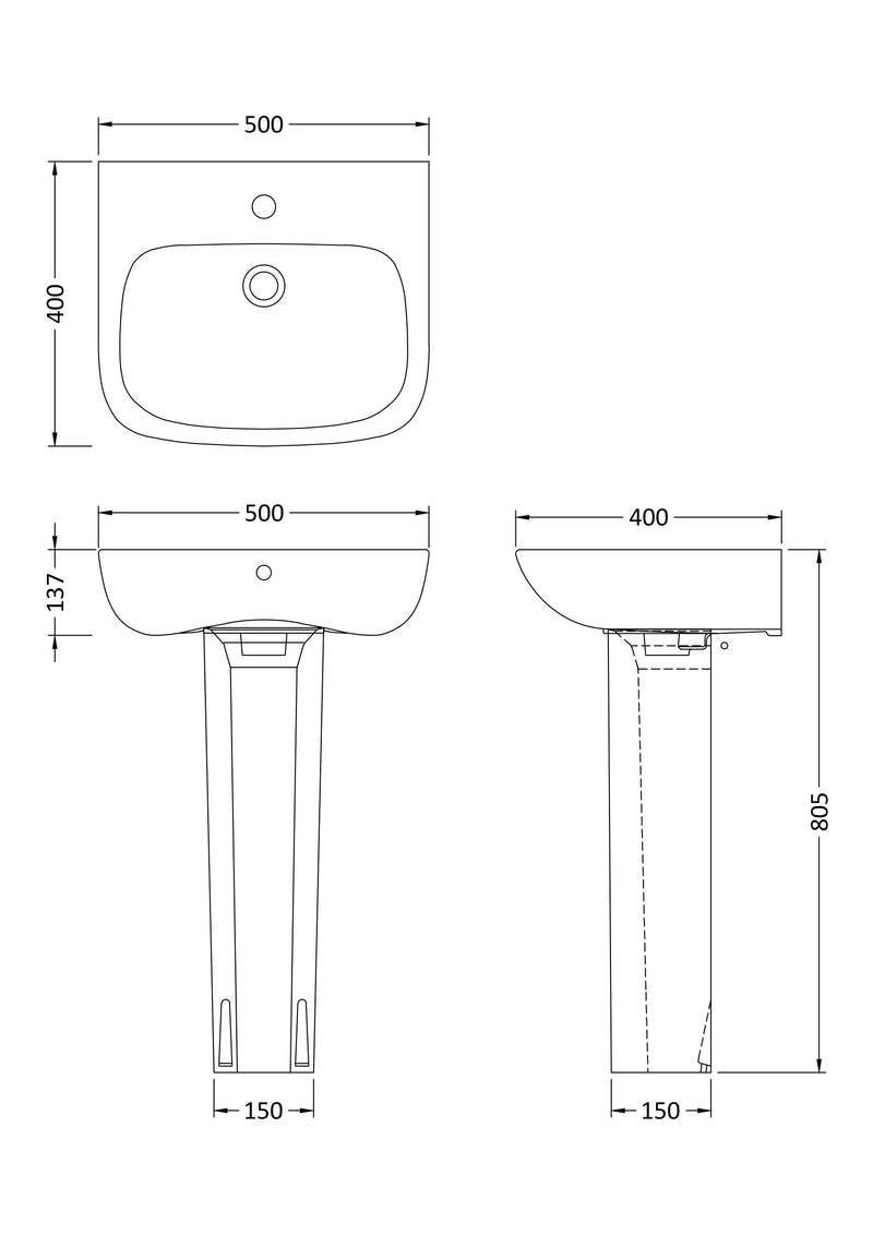 Nuie Ambrose 500mm basin and pedestal line drawing with dimensions