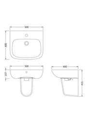 Nuie Ambrose 500mm basin and semi pedestal line drawing with dimensions