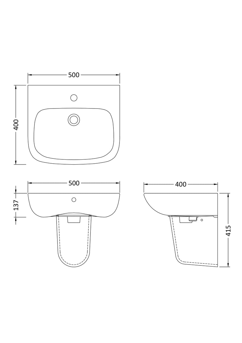 Nuie Ambrose 500mm basin and semi pedestal line drawing with dimensions