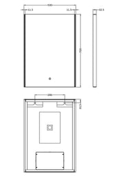 Nuie Anser 500x700mm LED touch sensor mirror dimensions diagram