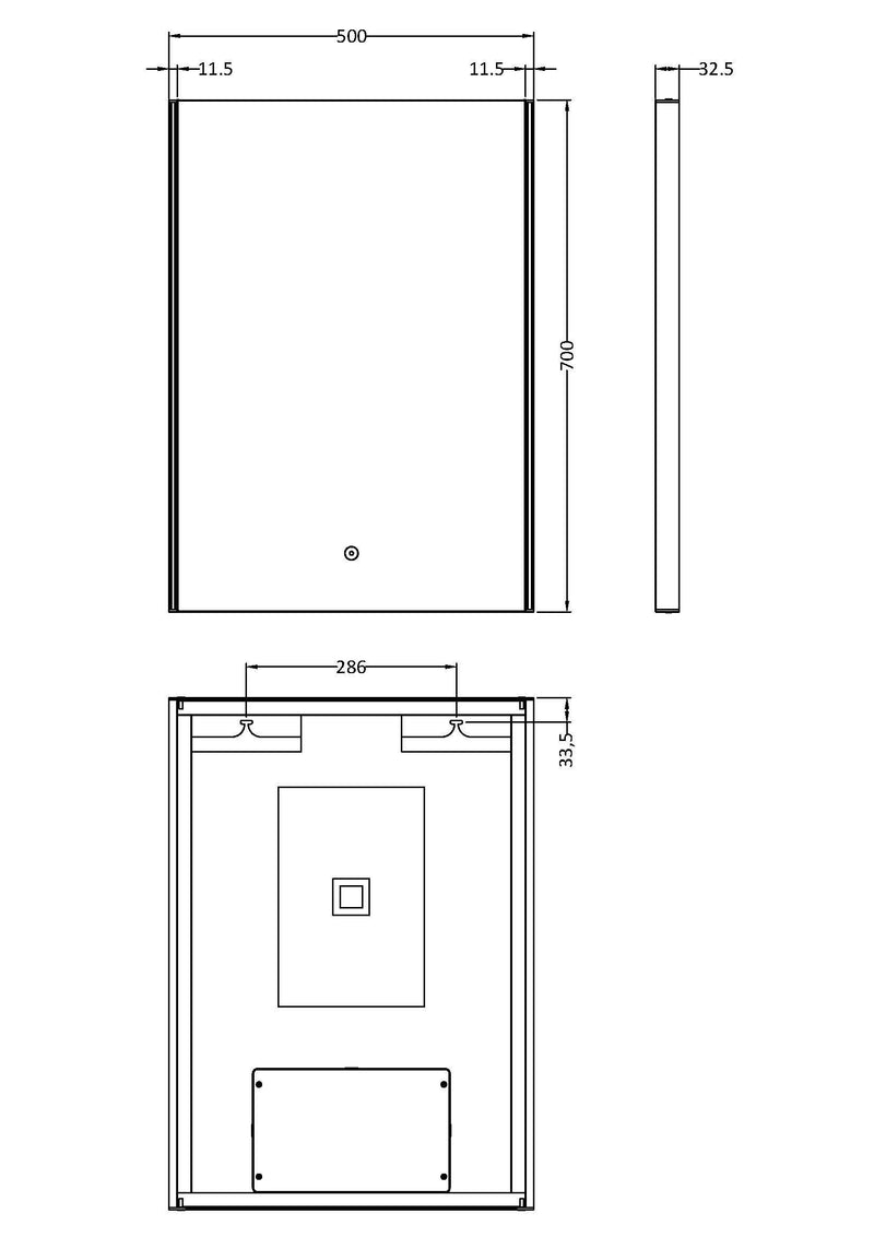 Nuie Anser 500x700mm LED touch sensor mirror dimensions diagram