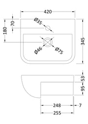 Nuie Aria 400mm Ceramic Square Semi-Recessed Basin 1 Tap Hole (SRB004) line drawing