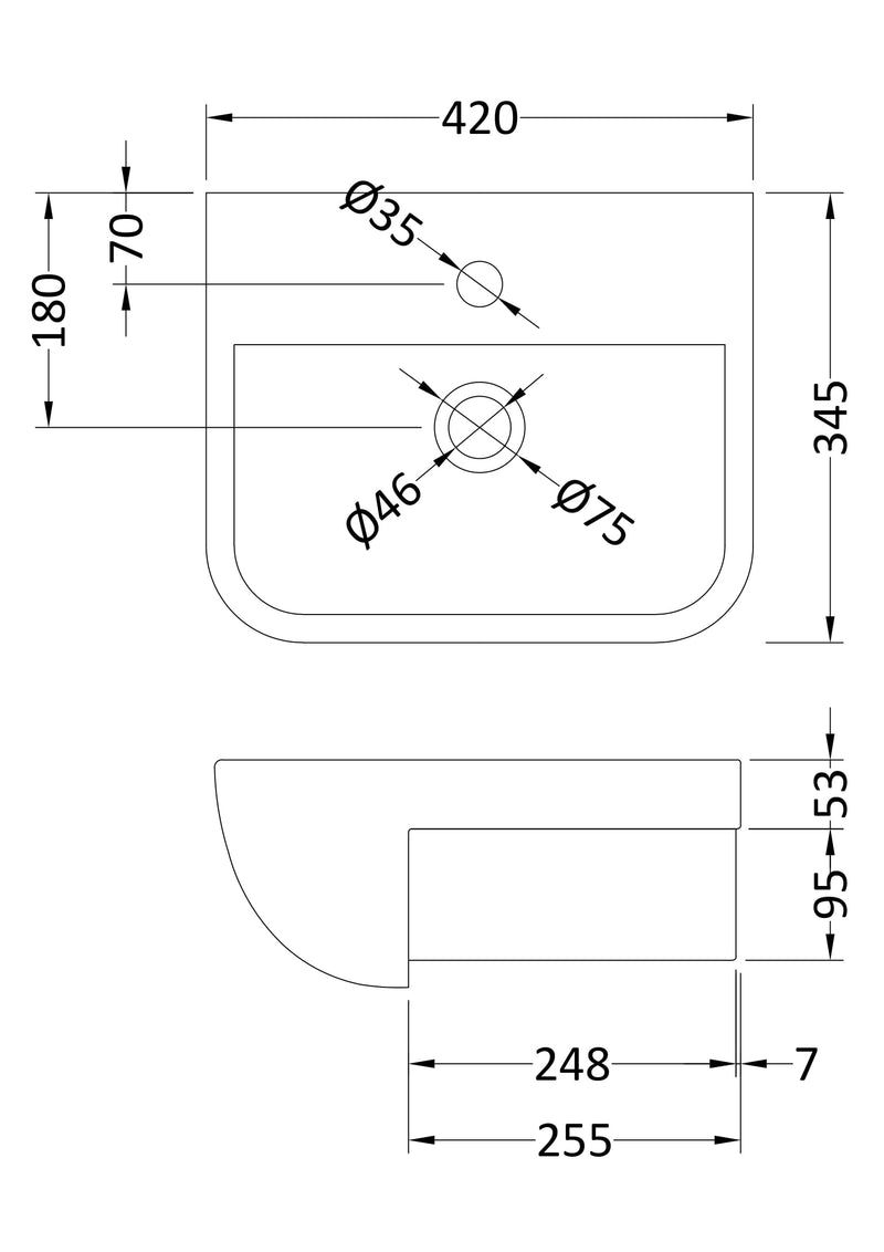 Nuie Aria 400mm Ceramic Square Semi-Recessed Basin 1 Tap Hole (SRB004) line drawing