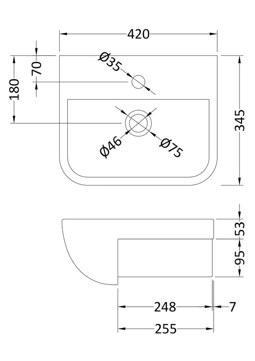 Nuie Aria 400mm Ceramic Square Semi-Recessed Basin 1 Tap Hole (SRB004) line drawing