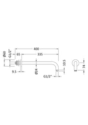 Nuie Chrome Wall-Mounted Shower Arm dimensions line drawing