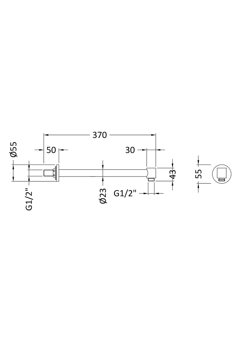 Nuie Chrome Wall-Mounted Shower Arm dimensions line drawing