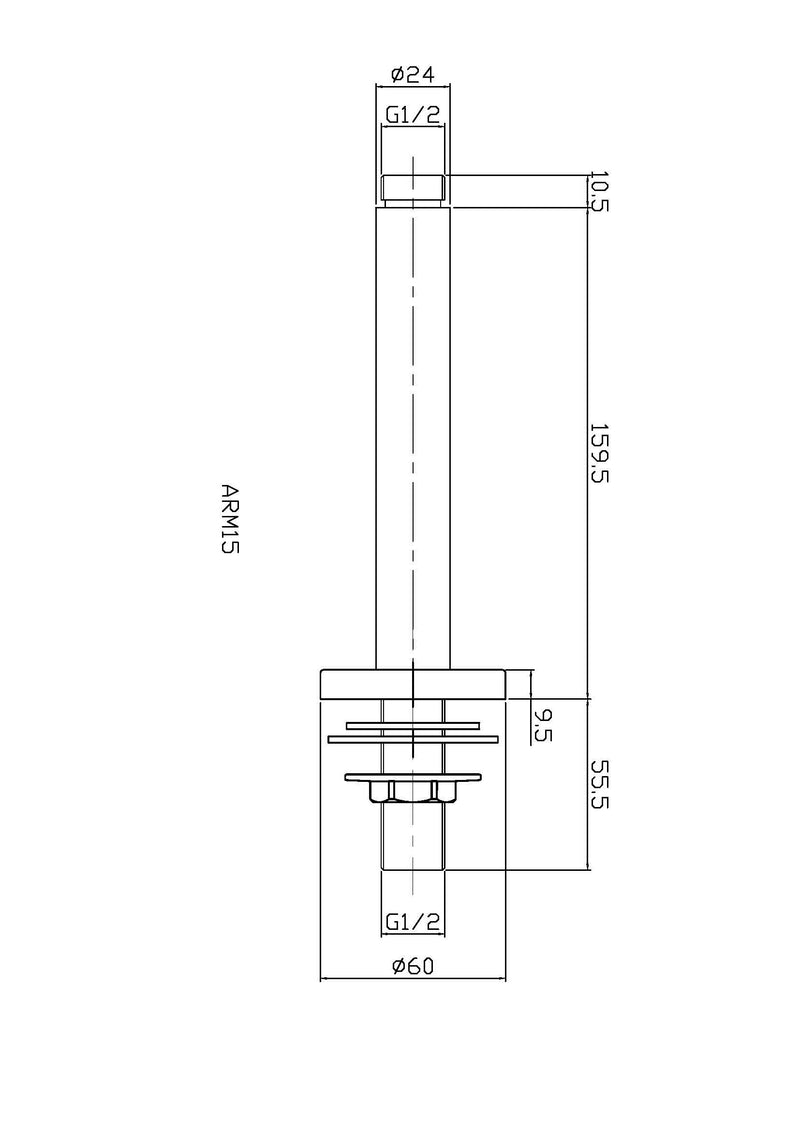 Nuie Chrome Wall-Mounted Shower Arm dimensions line drawing
