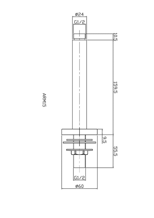 Nuie Chrome Wall-Mounted Shower Arm dimensions line drawing