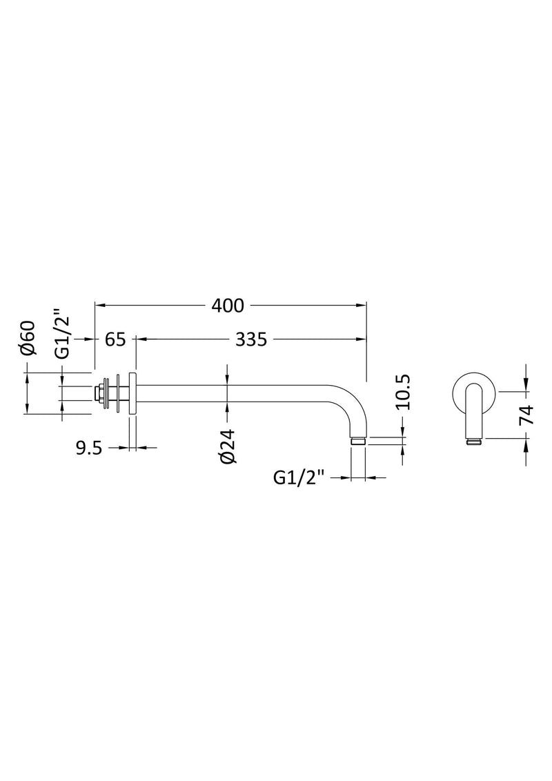 Nuie Brushed Bronze Wall-Mounted Shower Arm dimensions line drawing