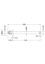 Nuie Chrome Ceiling-Mounted Shower Arm dimensions line drawing