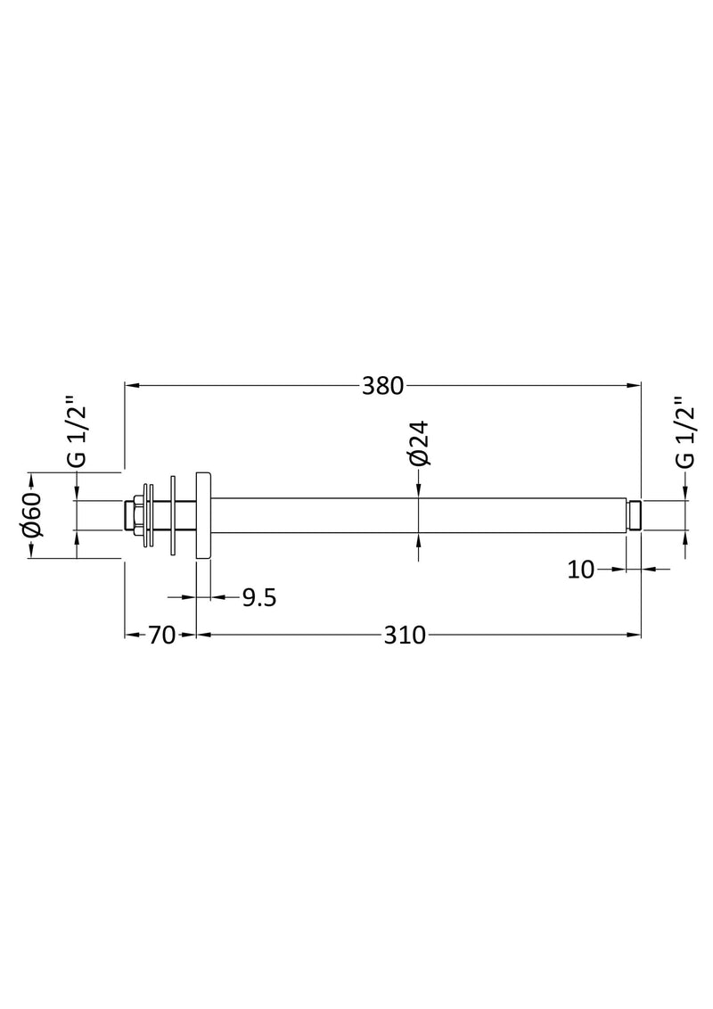 Nuie Chrome Ceiling-Mounted Shower Arm dimensions line drawing