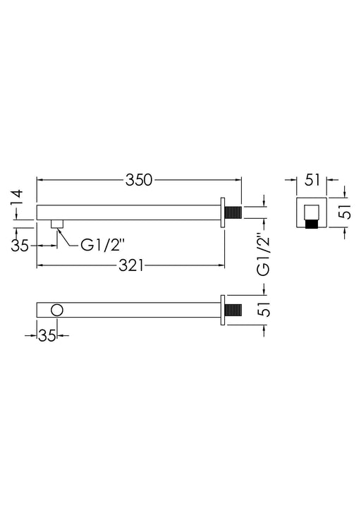 Nuie Square Chrome Wall-Mounted Shower Arm dimensions line drawing