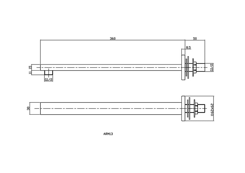 Nuie Matt Black Wall-Mounted Shower Arm dimensions line drawing