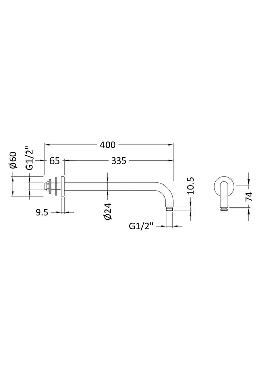 Nuie Brushed Pewter Wall-Mounted Shower Arm dimensions line drawing