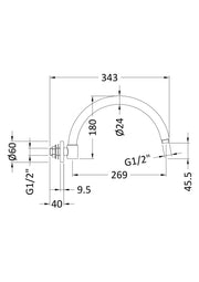 Nuie Brushed Pewter Wall Mounted Shower Arm dimensions line drawing