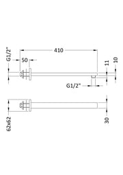 Nuie Rectangular Brushed Pewter Small Shower Arm dimensions line drawing