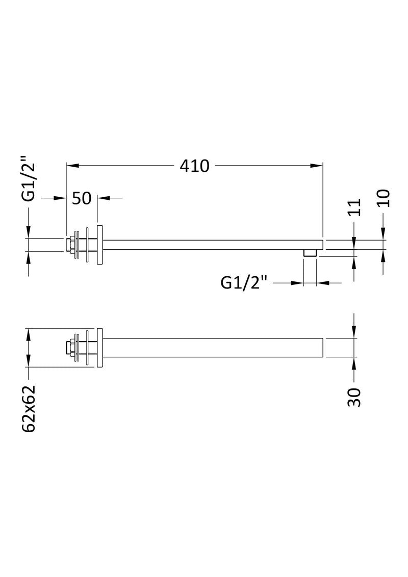 Nuie Rectangular Brushed Pewter Small Shower Arm dimensions line drawing