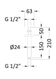 Nuie 150mm Round Brushed Pewter Ceiling-Mounted Shower Arm dimensions line drawing