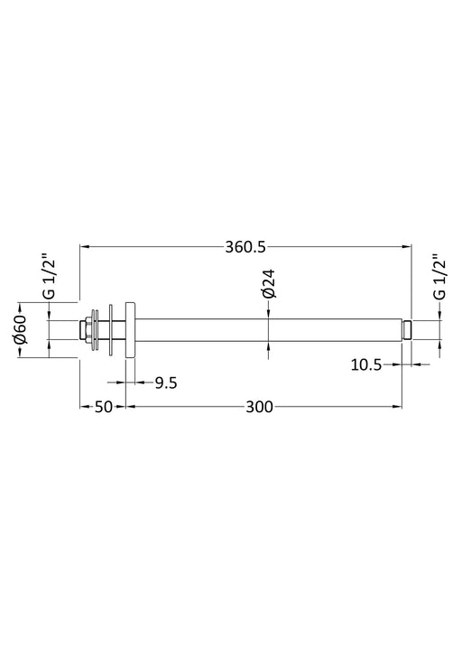 Nuie 300mm Round Brushed Pewter Ceiling-Mounted Shower Arm dimensions line drawing