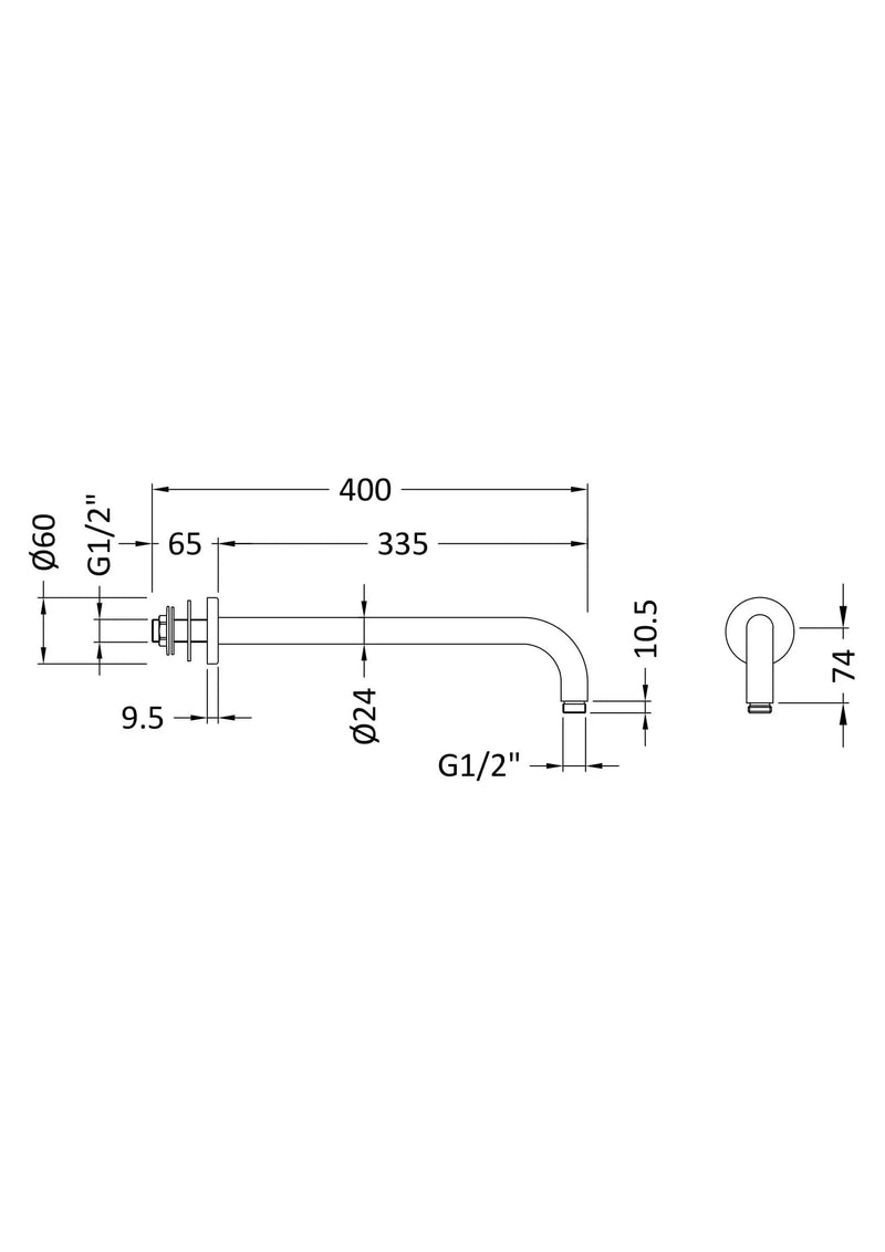 Nuie Brushed Brass Wall-Mounted Shower Arm dimensions line drawing